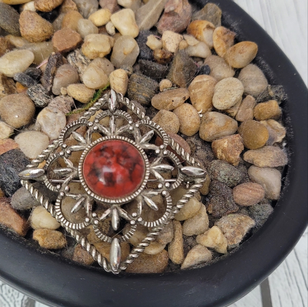 Sarah Silver Broach with Red Stone